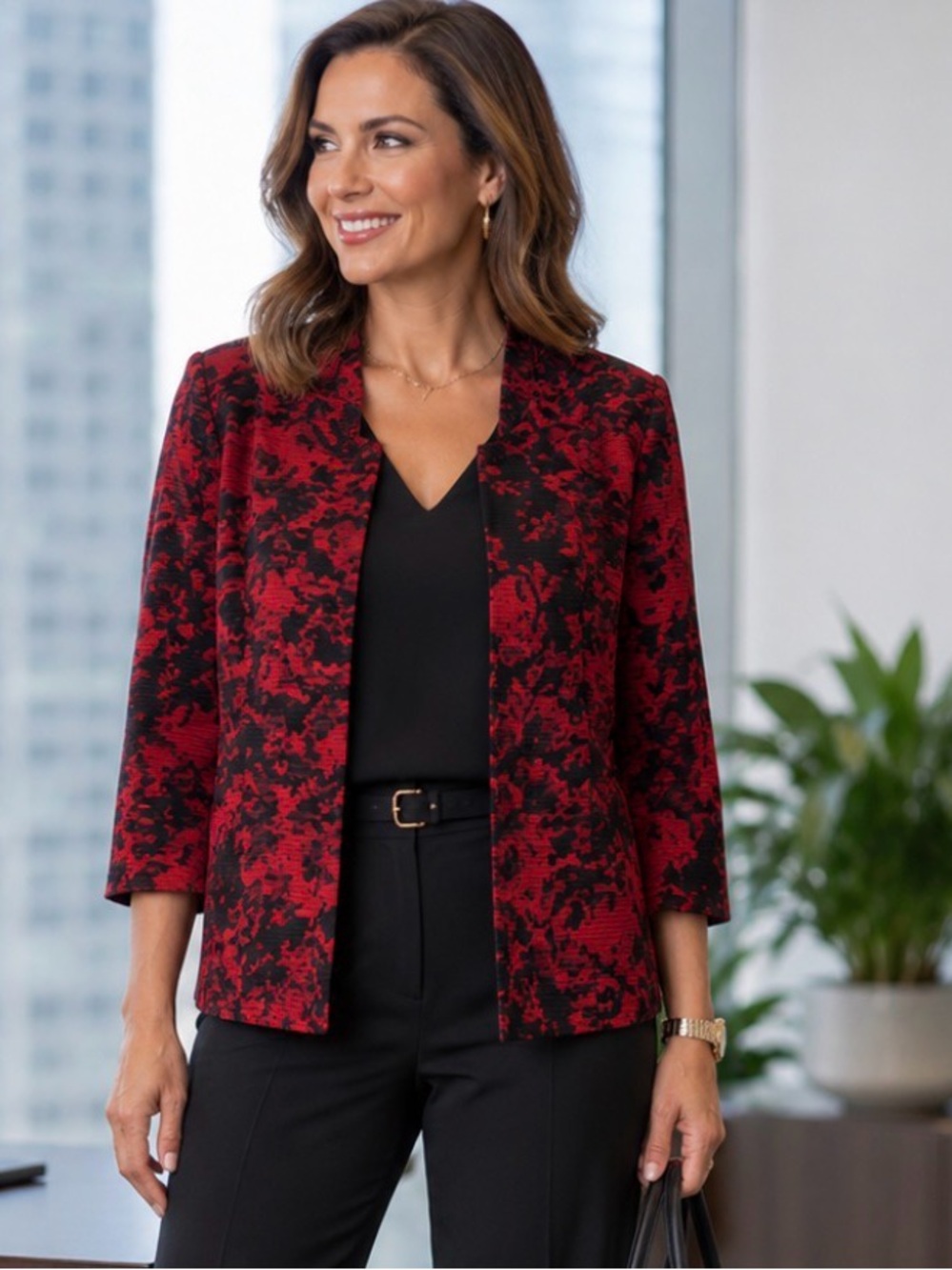 Kasper Red & Black Textured Open Front Career Jacket Blazer Size 16